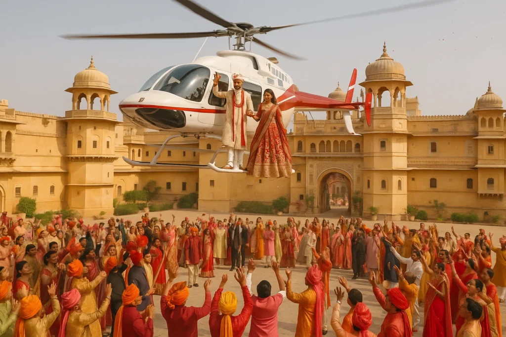 Wedding helicopter entry in Jaipur palaces